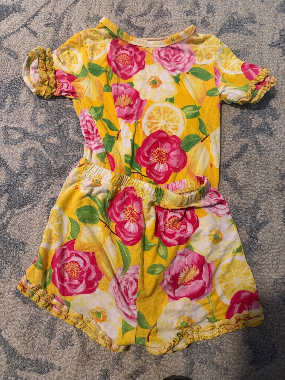 Posh Peanut Yellow Floral Lemon Print Pajama Set with Pink Roses